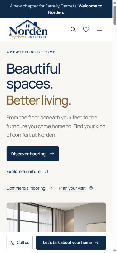 Norden Home Interiors website shown on mobile