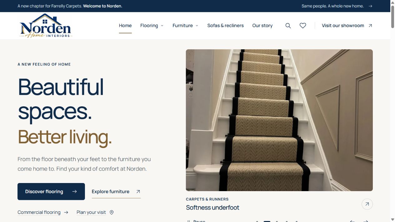Norden Home Interiors website shown on desktop