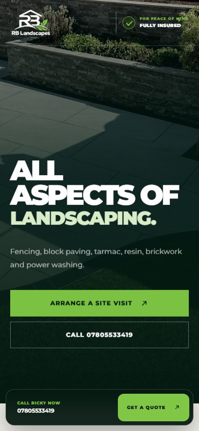 RB Landscapes website shown on mobile